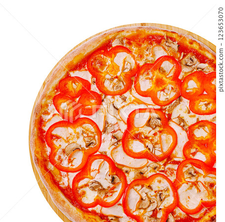 Delicious pizza topped with red peppers and mushrooms on wooden board 123653070