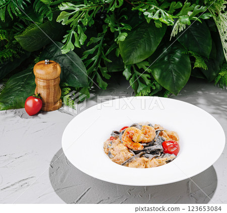 Delicious seafood pasta served with fresh ingredients on a table Delicious seafood pasta served with fresh ingredients on a table 123653084
