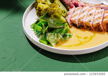 Delicious grilled pork chop with vegetables on a green table Delicious grilled pork chop with vegetables on a green table 123653085
