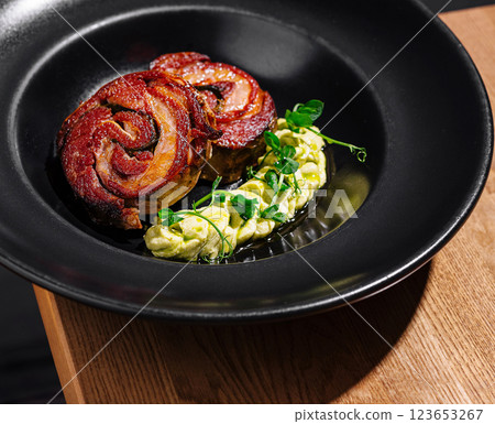 Gourmet bacon-wrapped meat and vegetables on black plate 123653267
