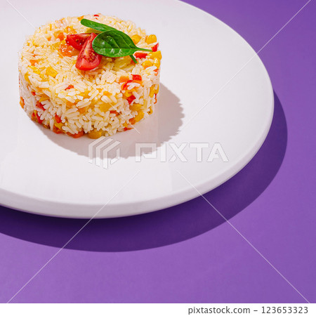 Colorful rice dish served on a bright plate against a purple backdrop 123653323