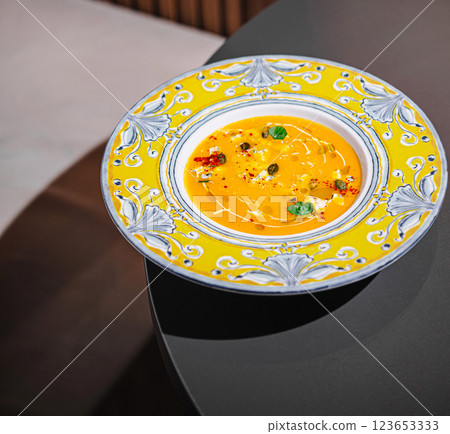 Delicious pumpkin soup served in a colorful bowl on a table Delicious pumpkin soup served in a colorful bowl on a table 123653333
