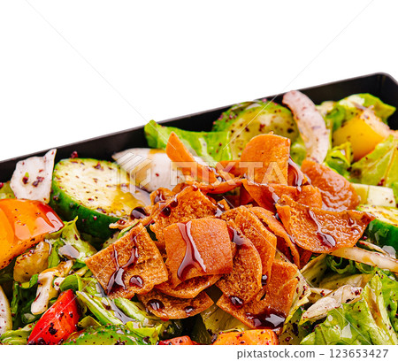 Fresh salad with vibrant vegetables and crunchy toppings Fresh salad with vibrant vegetables and crunchy toppings 123653427