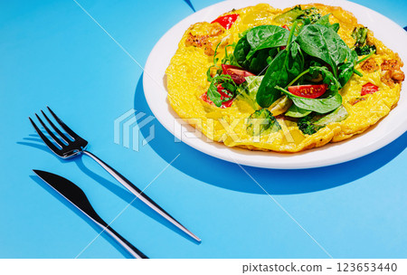 Colorful vegetable omelet on a plate with cutlery beside it 123653440