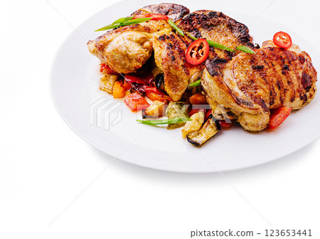 Grilled chicken served with colorful roasted vegetables 123653441
