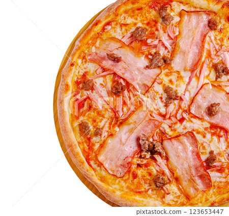 Delicious pizza with meat toppings and cheese in close up view Delicious pizza with meat toppings and cheese in close up view 123653447