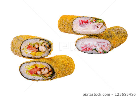 Crispy rolled sushi with various fillings on white Crispy rolled sushi with various fillings on white 123653456
