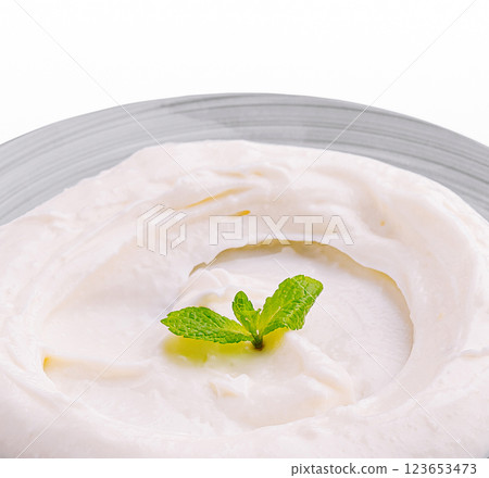 Creamy garlic dip served in a gray plate with mint garnish Creamy garlic dip served in a gray plate with mint garnish 123653473