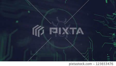 Image of data processing with bug icon on black background Image of data processing with bug icon on black background 123653476