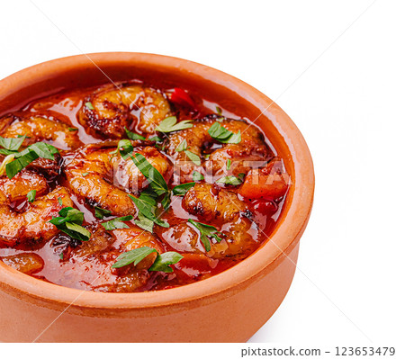 Spicy shrimp stew served in a traditional clay pot Spicy shrimp stew served in a traditional clay pot 123653479
