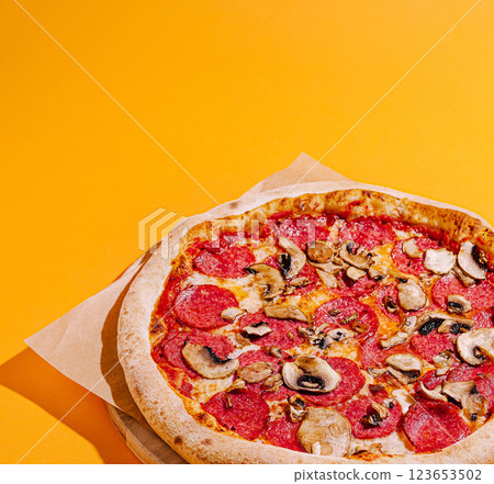 Freshly baked pepperoni and mushroom pizza on vibrant backdrop Freshly baked pepperoni and mushroom pizza on vibrant backdrop 123653502