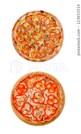 Delicious pizzas topped with fresh vegetables and herbs Delicious pizzas topped with fresh vegetables and herbs 123653514