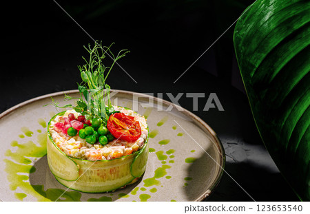 Fresh ingredients and greens showcased in culinary art 123653540