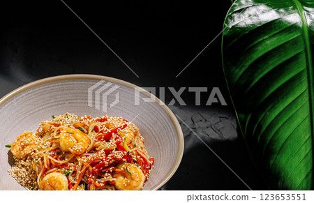 Shrimp stir-fry with veggies and sesame in a bowl 123653551