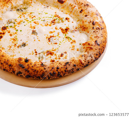 Delicious creamy cheese pizza served hot from the oven Delicious creamy cheese pizza served hot from the oven 123653577