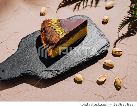 Delicious slice of layered cake served on a slate platter Delicious slice of layered cake served on a slate platter 123653652