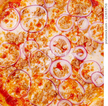 Delicious pizza topped with mozzarella, onions, and tuna 123653758