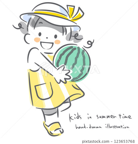 Children enjoying summer: cute hand-drawn line drawing illustration 123653768
