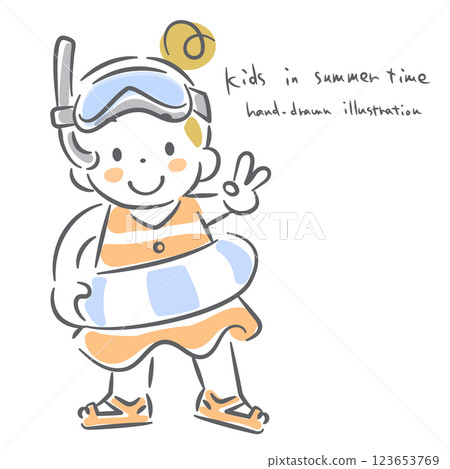 Children enjoying summer: cute hand-drawn line drawing illustration 123653769