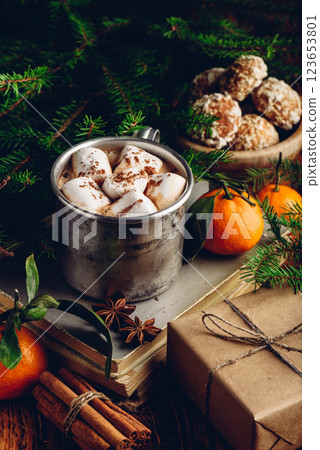 Metal mug of hot chocolate with marshmallows 123653801