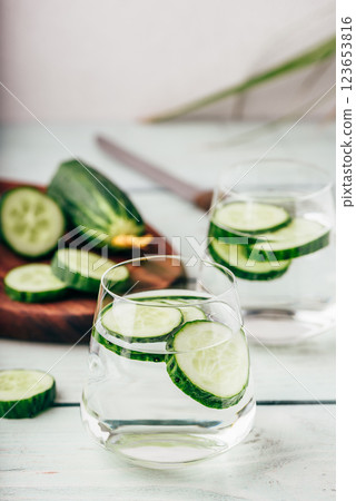 Detox water with sliced cucumber Detox water with sliced cucumber 123653816