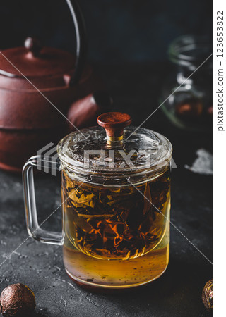 Steeping red tea in glass mug Steeping red tea in glass mug 123653822
