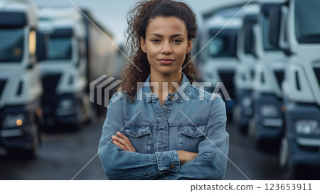 Confident female truck driver standing in front of fleet of trucks in denim jacket, AI Generative 123653911