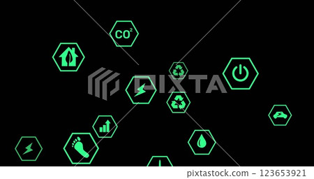 Image of falling ecology icons on black background Image of falling ecology icons on black background 123653921