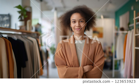 Confident businesswoman standing in boutique clothing store showcasing entrepreneurship, AI Generative 123653923