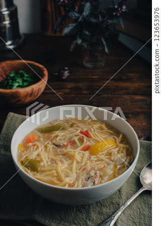 Bowl of Noodle Soup with Vegetables and Duck 123653976