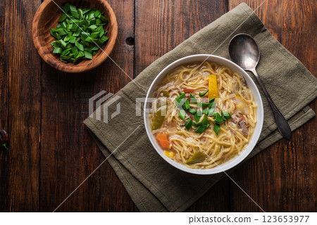 Hot Soup with Noodles, Duck and Vegetables 123653977