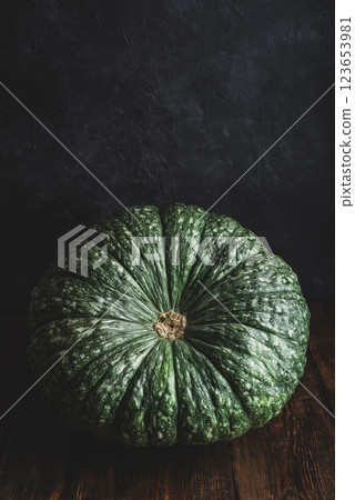 Giant green pumpkin on wooden surface Giant green pumpkin on wooden surface 123653981