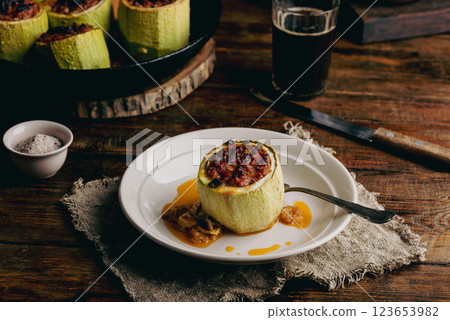Courgette Stuffed with Ground Meat and Herbs Courgette Stuffed with Ground Meat and Herbs 123653982
