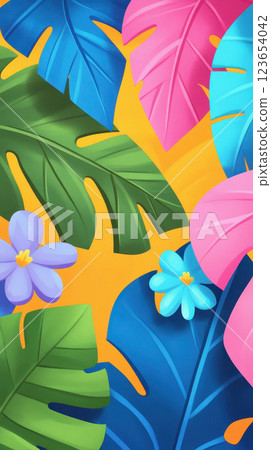 Colorful tropical leaves and flowers on a vibrant yellow background, AI Generative 123654042
