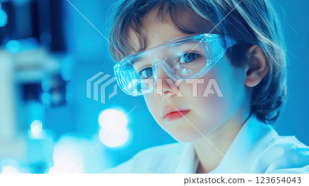 Young scientist in blue laboratory with protective goggles and focused expression, AI Generative 123654043