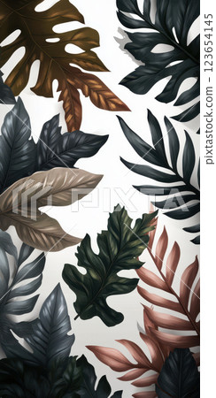 Tropical foliage pattern with an elegant mix of colorful leaves on a white background, AI Generative 123654145
