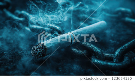 Cigarette and chain symbolizing addiction and confinement under blue light, AI Generative 123654150