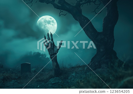 Graveyard Horror Scene with Full Moon and Rising Zombie Hand, AI Generative Graveyard Horror Scene with Full Moon and Rising Zombie Hand, AI Generative 123654205