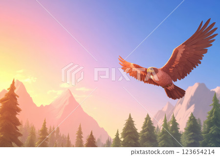 Majestic Eagle Soaring Above Scenic Mountain Landscape at Sunset, AI Generative 123654214