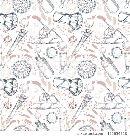 Nude make-up palette powder balls, blush eyeshadow, conical sponge, mist spray bottle. Detailed hand drawn line vector ink sketch, isolated seamless pattern. Beauty parlor illustration, cosmetics shop 123654228