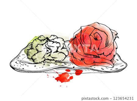 Japanese food toppings for sushi sashimi, wasabi and ginger rose on ceramic plate, chopsticks on rest, hand drawn in watercolor, ink. Illustration for restaurant, cafe menu, kitchen print, recipe book 123654231