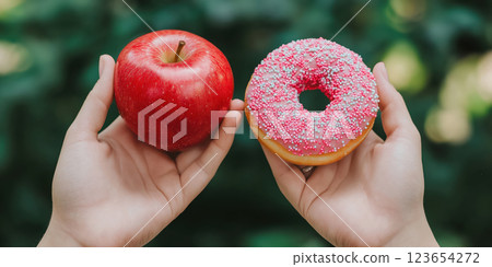 Choosing between a healthy apple and a sugary donut in nature, AI Generative 123654272