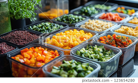 Colorful diced vegetables in containers for healthy meal prep, AI Generative 123654280