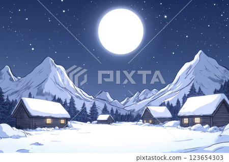Serene Snowy Mountain Village Under a Full Moonlit Sky, AI Generative 123654303