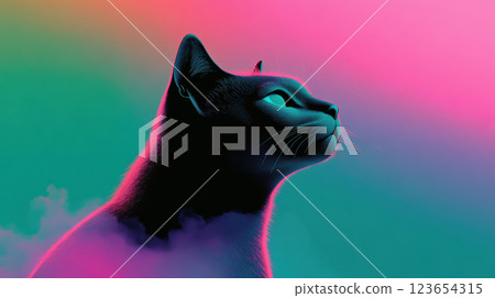 Vibrant Cat Silhouette with Neon Gradient Background Art, AI Generative 123654315