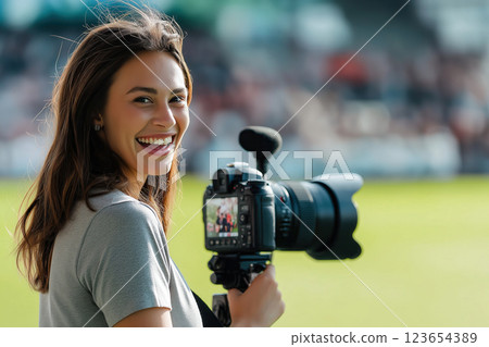 Smiling photographer holding a professional camera at an outdoor stadium event, AI Generative 123654389