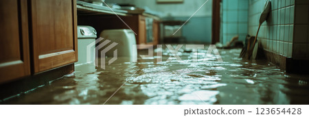 Flooded kitchen interior with water covering the floor in a modern home, AI Generative 123654428