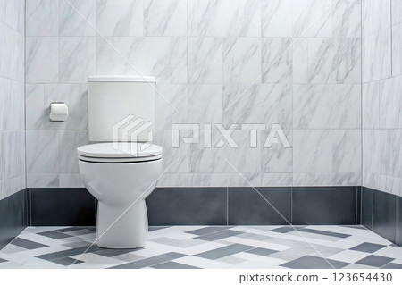 Modern minimalist bathroom with marble tiles and geometric flooring, AI Generative Modern minimalist bathroom with marble tiles and geometric flooring, AI Generative 123654430