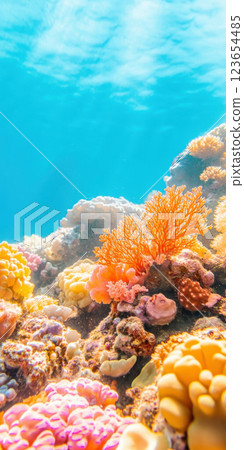 Vibrant coral reef under clear ocean water showcasing diverse marine life, AI Generative 123654485