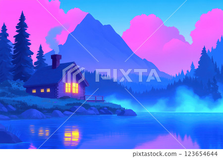 Serene Mountain Cabin at Sunset with Reflective Lake, AI Generative 123654644